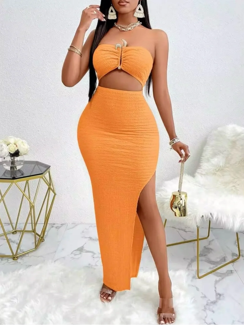 SHEIN Orange Strapless Cutout Maxi Skirt Set